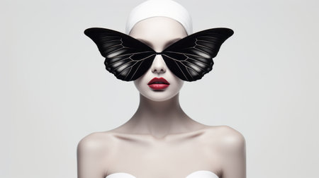 a captivating image of a girl adorned in a black butterfly print digital art illustration, reminiscent of the unique style of carl kleiner. the composition, inspired by ritualistic masks and naoto hattori's distinctive black and white photography, showcases a frontal perspective and minimalistic elements. this eye-catching composition is sure to leave a lasting impression. ai generatedの素材