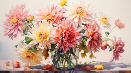 a glass vase holds a vibrant arrangement of pink, yellow, and red flowers. inspired by the luminous watercolors of james bullough, this enchanting display captures the essence of his style. the petals seem to reflect the luminosity found in peter sculthorpe's realistic marine paintings, creating a captivating blend of colors. lilia alvarado's touch can be felt in the delicate and lifelike portrayal of these flowers.の素材