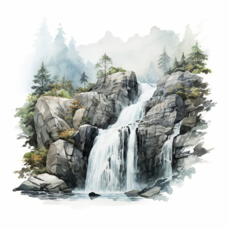 watercolor landscape illustration featuring a stunning waterfall on a white background. this artwork showcases the whistlerian style, reminiscent of national geographic photos. created using unreal engine and cryengine, this high-resolution illustration captures the beauty of nature. shot with a canon eos 5d mark iv, this artwork is a captivating blend of realism and artistic expression. ai generatedの素材