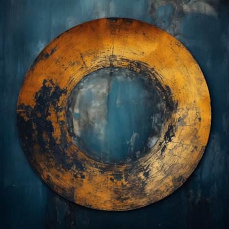 circular gold rusty decoration on an old wall with white and blue, reminiscent of nathan wirth's style. this speedpainting features a combination of dark orange and dark gray tones, showcasing industrial materials. the dark turquoise accents add a touch of vibrancy to this minimal sculpture, reminiscent of traditional oil painting techniques. ai generatedの素材