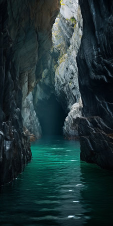 an idyllic boat glides through the turquoise blue waters of a cave, surrounded by dark, moody landscapes. this 8k resolution photograph captures the juxtaposition of hard and soft lines, creating an environmental portraiture of epic landscapes. the dark gray and emerald tones perfectly capture the essence of nature. ai generatedの素材