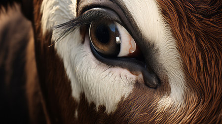 a close-up photo of a cow with white fur around its eye, captured in the realistic and lifelike style of daz3d. the cow's eye is beautifully rendered with photorealistic accuracy, showcasing vibrant crimson and brown tones. the shiny eyes glisten under the zeiss ikon zm lens, while the use of vray tracing adds a touch of realism to the image. ai generatedの素材