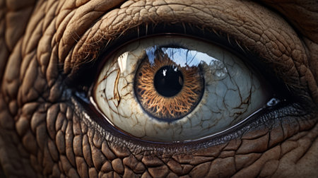 an elephant's eye, captured in a close-up shot, showcases intricate details and a mesmerizing gaze. this daz3d-rendered image embraces a post-apocalyptic surrealism style, with a touch of brown hues. the photorealistic representation of the eye brings out the essence of the majestic creature, while the use of dinocore elements adds a unique twist. discover this captivating artwork on flickr, set against a cyclorama backdrop. aiの素材