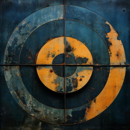 rusted old target framed by blue and yellow metal, panel composition mastery, dark orange and dark indigo, industrial texture, clarity of forms, precision painting, multi-layered abstractions. ai generatedの素材