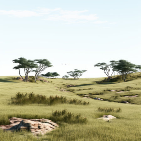 a 3d grassy scene featuring realistic landscapes with soft, tonal colors. this photo captures the essence of african patterns and is reminiscent of national geographic's stunning imagery. the ps1 graphics add a unique touch to the detailed hunting scenes depicted. the sparse and simple composition evokes a sense of historical imagery. ai generatedの素材