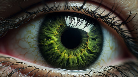 a close-up photo of an eye with greenish eyelashes, showcasing the surrealistic botanical style of daz3d. this national geographic-inspired image features hyper-realistic renderings of the human form, with a color palette of dark yellow and light green. the photo, reminiscent of a sci-fi artwork, can be found on flickr. ai generatedの素材