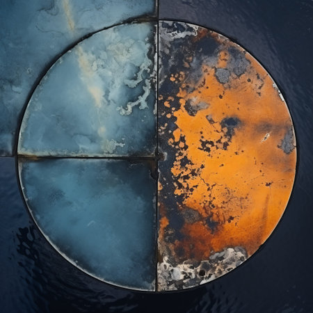 blue metal circle on water, featuring orange and indigo hues. trompe l'oeil composition with vernacular photography elements. burned and charred appearance adds abstract geometry. vibrant color materiality and raw textures enhance the visual appeal. ai generatedの素材