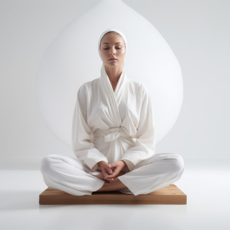 young woman in a white robe sits in meditation on a white board, surrounded by a large white ball. this stock photo captures the essence of spiritualcore, with influences of wrapped, balanced asymmetry, and precisionism. the emphasis is on the woman's facial expression, while the transparent-translucent medium adds depth. the overall design is balanced and harmonious. ai generatedの素材