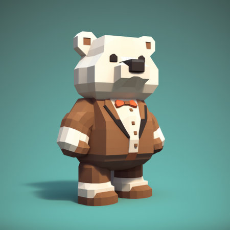 the pixel bear, a white and brown character in a suit and bow tie, showcases the imaginative and whimsical style of zbrush. with its modular constructivism and color-blocked shapes, this sketchfab creation exudes a whistlerian charm. explore this delightful character and immerse yourself in its unique world of creativity and design. ai generatedの素材