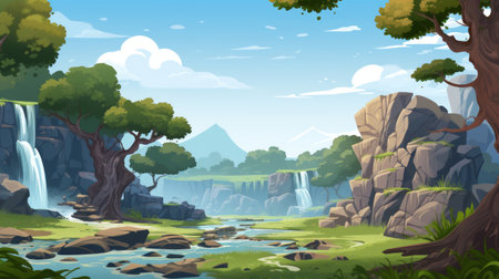 a colorful forest with a waterfall and rocks, depicted in a playful cartoon illustration style. this 32k uhd image showcases free brushwork and detailed background elements. the serene pastoral scenes are hyper-detailed, featuring a sky-blue and green color palette. ai generatedの素材