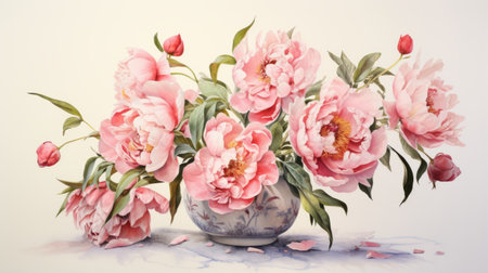 a pink flower vase filled with beautiful pink peonies is depicted in this hyperrealistic illustration. the delicate watercolor landscape captures the essence of traditional chinese art, showcasing meticulously detailed still life. the realistic watercolor painting showcases the artist's skill in creating detailed illustrations, reminiscent of marble. ai generatedの素材