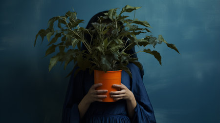 william, dressed in a long dark dress, conceals her face with a plant in this retro pop-inspired photograph. the color palette features dark orange and light indigo, reminiscent of the post-punk diy aesthetic. the image draws inspiration from artists like bill gekas, jean fautrier, and showcases uniformly staged images with a focus on object portraiture. ai generatedの素材