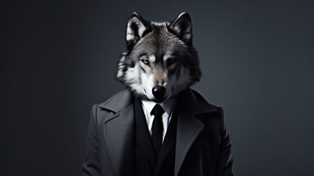 a wolf, dressed in a suit and tie, exudes an intriguingly taboo aura. this minimal retouching photograph captures the essence of a dark and brooding designer. the candid shot of this famous figure is digitally manipulated, resulting in a bold and busy composition with bold and angular elements. ai generatedの素材
