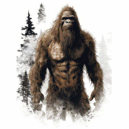 a large figure, resembling a realistic animal portrait, stands in a wood. the digital enhancement brings out the dark brown and white tones, creating a visually striking image. the comiccore style adds a unique touch, while the smokey background and mountainous vistas add depth and atmosphere to the scene. rtx on technology enhances the overall visual experience. ai generatedの素材