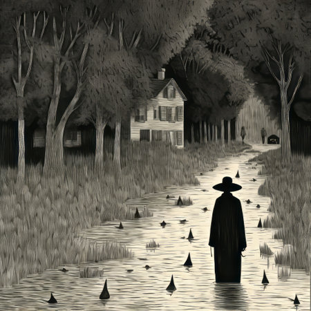 a man walks across a stream of water in a southern gothic-inspired illustration. the dark gray tones and detailed character illustrations capture the essence of rural america. the haunting composition adds to the overall atmosphere of the image, creating a sense of mystery and intrigue. ai generatedの素材