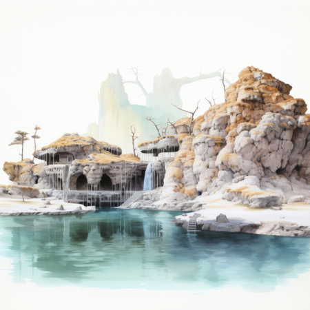 an abstract painting capturing the beauty of a snowy mountain scene in the traditional chinese landscape style. the artwork features fantastical ruins and hyper-realistic water, created by the talented artist conrad roset. this high-resolution image, with 8k resolution, showcases the artist's unique interpretation of tropical landscapes, reminiscent of the works of sopheap pich. ai generatedの素材