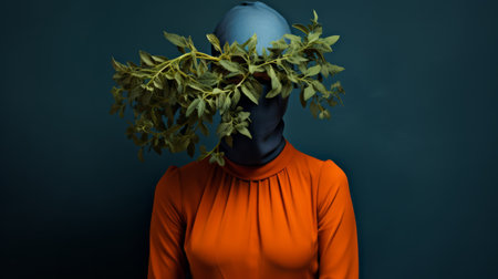 a woman wearing a headpiece adorned with green plants, showcasing a minimalist surrealism style. the photograph features a color palette of dark orange and dark gray, reminiscent of stereotype photography. the use of caravaggesque chiaroscuro adds depth to the image, while light azure and red accents create a striking contrast. the composition includes odd juxtapositions, offering a unique depiction of everyday life. ai generatedの素材
