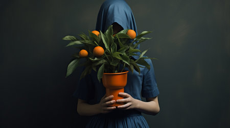 a young lady poses in front of a dark and eerie, constructivist-style photograph. the portrait showcases oranges blooming in a colorful pot, adding a surreal touch to the overall composition. the dark azure and green tones create a mysterious atmosphere, while the hidden meanings and religious subjects add depth to this unique fashion photography. ai generatedの素材