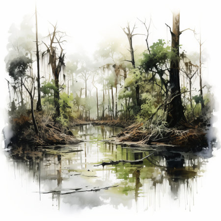 a highly detailed illustration of a swamp, featuring dense woods, birds, and an eerie atmosphere. this antebellum gothic painting showcases the artist's skill in creating transparency and opacity through ink wash techniques. the environmental portraiture captures the swamp's essence with an eerily realistic touch. the use of rtx technology enhances the overall visual experience. ai generatedの素材