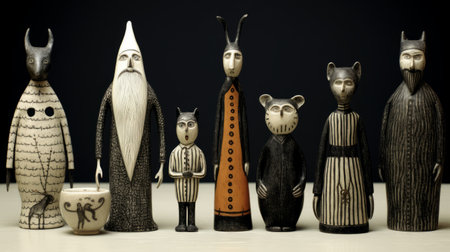 a small group of figurative figurines standing together, showcasing whimsical yet eerie animal symbolism. the bold, black lines create a sense of monumentality in their ensemble. with cartoonish motifs, the isolated figures are depicted in a contrasting palette of dark white and light orange. this photo captures the unique style of the helsinki school. ai generatedの素材