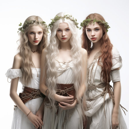 young girls with pale hair and adorned with green leafs strike a pose against a white background, evoking a medieval fantasy aesthetic. the image showcases a mix of dark white and light red hues, creating a subtle and earthy color palette. the girls' hairstyles vary, featuring wavy locks, while the overall composition exudes a wimmelbilder-like quality. ai generatedの素材