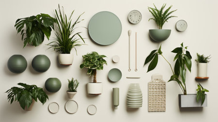 a group of plants, different items, and wall art create a playful atmosphere on a wall. the style is reminiscent of dark beige and green, inspired by bauhaus functional design. the artwork by hiroshi nagai reflects environmental awareness, while the overall aesthetic embraces weathercore and reduced color palettes. ai generatedの素材