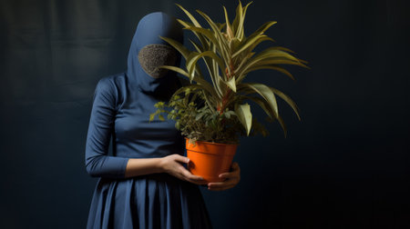 a woman stands with her hands in her pocket, captivated by her surroundings. this surreal still life composition features ethereal foliage in dark azure and orange hues. the photo, reminiscent of national geographic's style, incorporates orientalist imagery and whimsical cyborgs. it exudes a sense of bloomcore aesthetics. ai generatedの素材