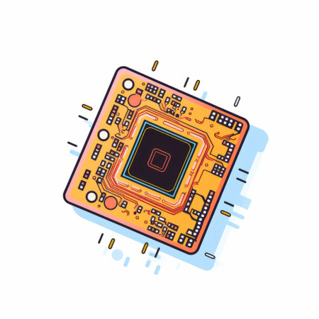 computer circuit on white background in colored cartoon style. medium format lens captures the intricate details of the scoutcore circuit. the vibrant colors of sky-blue and amber add a touch of personality to the design. the flat perspective and sophisticated woodblock elements create a unique and visually appealing personal iconography. ai generatedの素材
