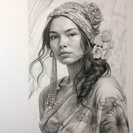 a black and white portrait of a woman, rendered in a realistic and hyper-detailed style, showcases the intricate beauty of tropical baroque. this 32k uhd drawing features flowing fabrics, delicate flowers, and idealized native americans, all layered with subtle irony. ai generatedの素材