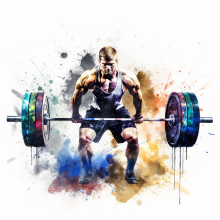 a bodybuilder in water splatters, captured in a high-resolution painting with vibrant colors and a symmetrical balance. the artwork showcases the style of watercolor illustrations, reminiscent of industrial and product design. inspired by the group f64, this piece features a vivid color scheme and a touch of heistcore aesthetic. ai generatedの素材