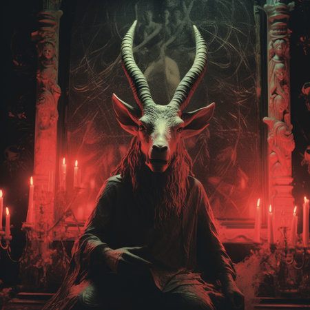 a photo featuring a dark and eerie aesthetic with elements of witchcraft, a black goat, and the satanic symbol baphomet. the pastel color scheme adds an intriguing twist to the 1970s horror aesthetic. dominated by dark, red, and ivory tones, the image showcases a demonic and macabre atmosphere. with its intricate world design and blink-and-you-miss-it details, this photo is a powerful representation of the occult,の素材