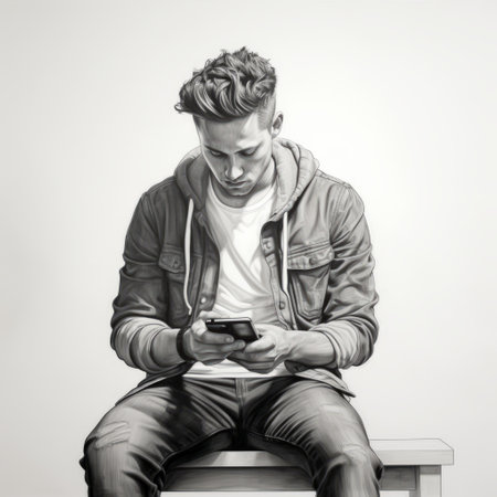 a man sitting on a bench, engrossed in his phone, is captured in this highly detailed black and white image. the style of the illustration is reminiscent of realism and studio portraits, with a touch of zuckerpunk. the painted illustrations showcase youthful protagonists and a hard-edged aesthetic. ai generatedの素材