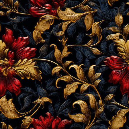 a stunning golden flower pattern adorns a black background, showcasing intricate details and flowing fabrics. this dark navy and red style draws inspiration from baroque realism, reminiscent of the works of sung kim. the design is reminiscent of colorful woodcarvings, with a combination of light indigo and red hues. ai generatedの素材