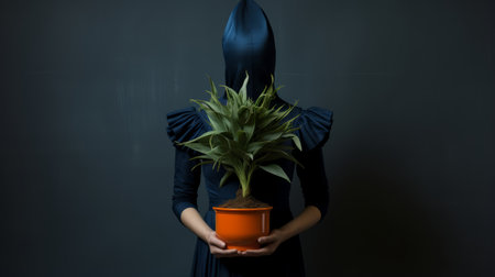 mary, dressed in a long dark dress, conceals her face with a plant in this retro pop-style photograph. the color palette features dark orange and light indigo, reminiscent of the post-punk diy aesthetic. the image draws inspiration from artists like bill gekas, jean fautrier, and showcases uniformly staged images with a focus on object portraiture. ai generatedの素材
