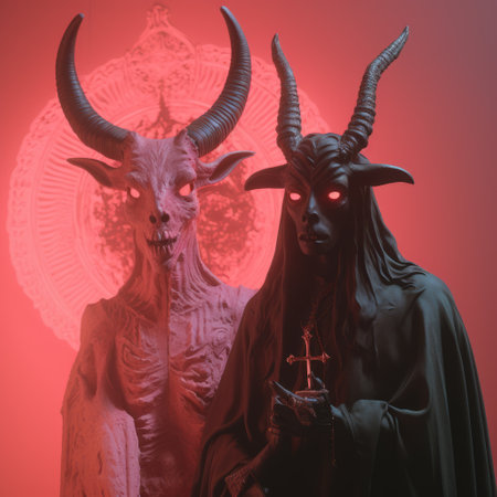 a photo featuring a witchery scene with a black goat, satan baphomet, and a pastel color scheme. the dominant colors are dark, red, and ivory, creating a demonic and 1970s horror aesthetic. captured in 32k uhd using fujifilm velvia 100, this photo showcases a weird and bizarrecore aesthetic with intricate world design. it is a macabre and occult-themed image, perfect for fans of witchcore andの素材