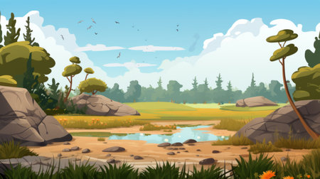 a vibrant cartoon landscape featuring detailed trees, hills, and water, reminiscent of rich and painterly hunting scenes. the xbox 360 graphics bring the brushstroke fields and detailed flora and fauna to life, creating a visually stunning plein air landscape. this illustration captures the essence of nature with its vibrant and detailed portrayal. ai generatedの素材