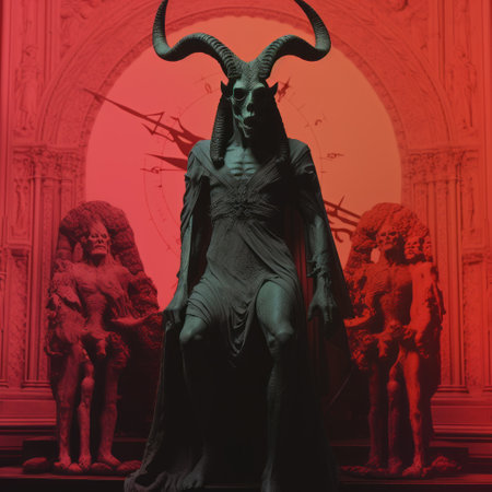 a photo featuring a witchery scene with a black goat satan baphomet. the pastel color scheme adds a unique touch to the dark, red, and ivory dominant tones. the image captures a demonic, 1970s horror aesthetic, with intricate world design and blink-and-you-miss-it details. this bizarrecore, weirdcore photo is a nightmare fuel, showcasing the macabre and occult elements of paganism and witchcore. the satanic and powerfulの素材
