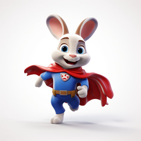 a bunny wearing a superhero cape is captured in a modern style photograph against a white background. the image is rendered in 8k resolution and inspired by the works of reuben nakian. the bunny's strong facial expression is complemented by the rounded and dappled design, resulting in a clean and simple aesthetic. ai generatedの素材