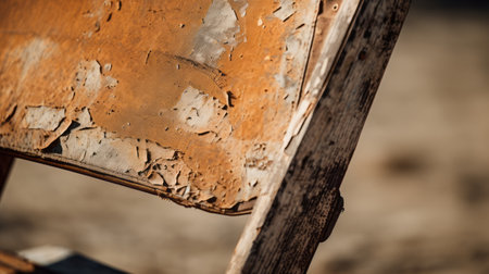 an old wooden chair sits alone in the vast desert landscape, showcasing a unique blend of abstract expressionist gestural marks and photorealistic detail. captured with the tamron 24mm f/2.8 di iii osd m12 lens, the image features abstract expressionist splatters in shades of orange and beige. close-up shots highlight the chair's torn and distressed edges, adding to its rustic charm. ai generatedの素材