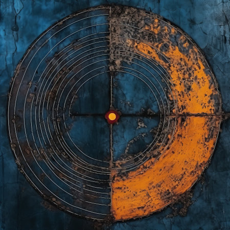 a blue background art featuring a circle and a yellow arrow with a yellow disc. this artwork, inspired by the style of peter gric, showcases a dark sky-blue and dark orange color scheme. the industrial texture, with its scratched and raw metallic appearance, adds depth to the composition. a captivating piece of sound art. ai generatedの素材