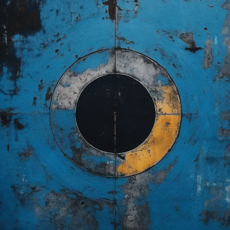 a blue and yellow industrial painting featuring a prominent circle in the center. the artwork showcases dark black and blue tones, with a weathered appearance reminiscent of industrial photography. the composition incorporates metal elements and rectilinear forms, creating a dramatic atmospheric perspective. ai generatedの素材