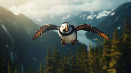 a puffin gracefully soars through the mountainous sky, captured in a stunning photorealistic rendering reminiscent of the unreal engine 5. this artwork, created in the style of the vancouver school, showcases selective focus and imaginative characters. the commercial imagery is truly breathtaking, leaving viewers in awe of its beauty. ai generatedの素材