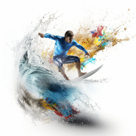 a surfer gracefully rides the waves on a surfboard, captured in a dynamic mixed media artwork by dimitry roulland. the textured splashes and swirling colors create a visually captivating scene. this uniformly staged image is ultra-detailed, showcasing the artist's skill and the surfer's exhilarating experience. kurzgesagt. ai generatedの素材