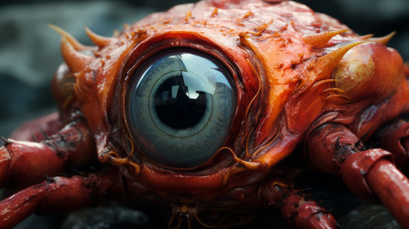 the crab, with its large eye and multiple big eyes, is captured in a hyper-realistic sci-fi style using cryengine. this detailed anatomy of the crab is showcased in close-up, highlighting its otherworldly appearance. the photograph, taken with a nikon d850, transports viewers to solarpunk-inspired scenes. ai generatedの素材