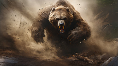 a brown bear sprinting through a forest amidst a swirling dust storm. this realistic and hyper-detailed rendering captures the explosive and chaotic energy of the scene. the ad posters showcase powerful portraits of the bear, with strong graphic elements and cutripped aesthetics. created using zbrush, this artwork is a stunning portrayal of nature's raw strength. ai generatedの素材