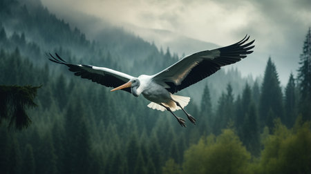 white stork gracefully soars through the autumn sky, framed by a majestic tree. this photo captures the essence of mountainous vistas and showcases the beauty of nature in a photo-realistic manner. with its evocative environmental portrait, this fine art photography piece blends fine art realism with a free-associative style, resulting in a stunning uhd image. ai generatedの素材