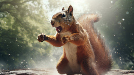 a squirrel in a high-definition wallpaper featuring cute squirrels and wild animals. the illustration showcases an aggressive digital style, captured with a canon eos 5d mark iv. the squirrel's energetic gestures and strong facial expression are highlighted, complemented by the light crimson and light bronze tones. this captivating image was captured using a sony alpha a1. ai generatedの素材