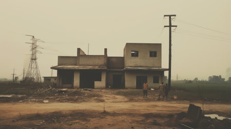 a house with high voltage power lines in the backyard, captured through the artistic lens of saurabh jethani and aron demetz. this photograph showcases muted colors and a smokey background, reminiscent of the shang dynasty era. it is a celebration of rural life, blending modern infrastructure with ancient aesthetics. ai generatedの素材