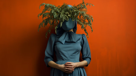 a woman in a blue dress poses with plants on her head, showcasing a minimalistic surrealism style. the photograph features a combination of dark orange and dark green tones, created using traditional photographic techniques. the muted colors and symbolic props add depth to the image, while the detailed costumes highlight the artist's environmental awareness. ai generatedの素材