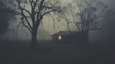 lonely house on the hill surrounded by dark, dripping fog. this photo captures the eerie and realistic atmosphere of australian landscapes. the photo-realistic composition, enhanced by the use of claire-obscure lighting, creates a hauntingly beautiful scene. shot with the zeiss batis 18mm f2.8 lens, the image showcases a realistic rendering with luminous light. ai generatedの素材